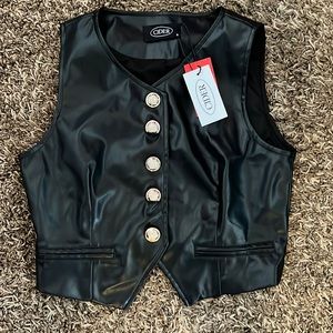 SEXY button up vest with high waisted pants. Pleather